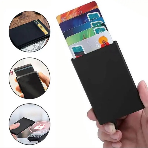 Black Card Holder Slim RFID Blocking Automatic Pop-Up Wallet - Picture 1 of 5